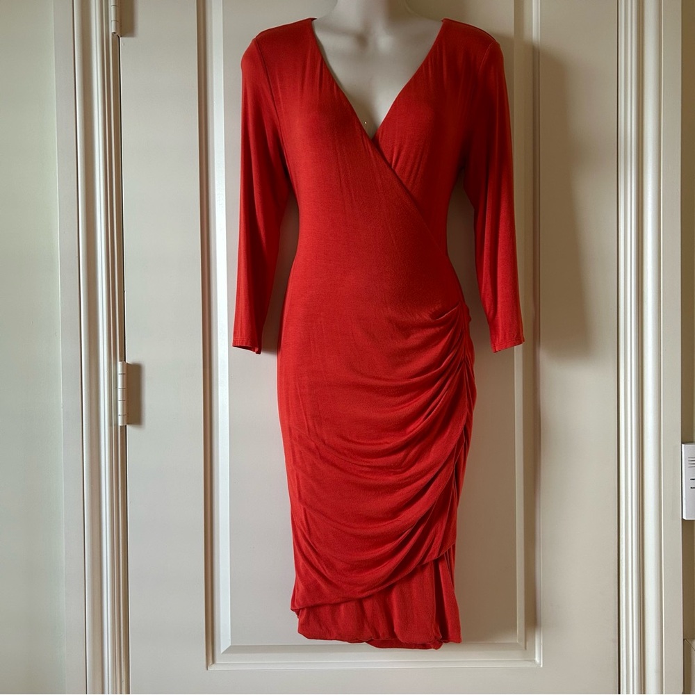 VELVET Graham & Spencer Orange-Red Stretch Jersey Fitted Faux Wrap Dress, Sze S
